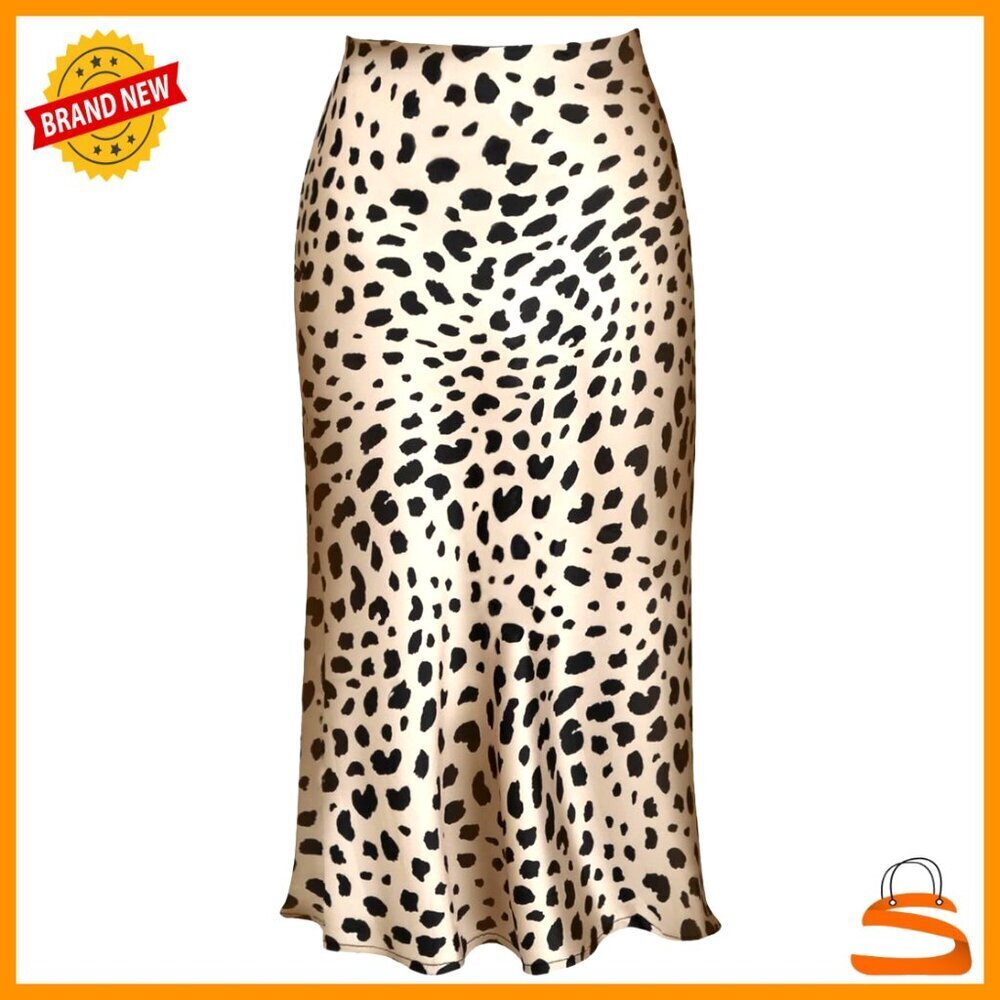 Silk Satin Midi Skirt High Waist Elastic Leopard Print Summer Casual